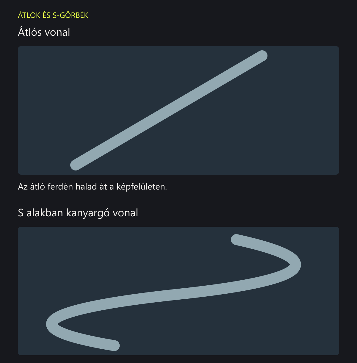 Az első rajzon bal lentről jobb felfelé haladó átlós vonal, a másodikon két ellentétes kanyart leíró S alakú útvonal.