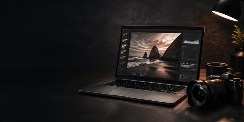 Utómunka: laptop képszerkesztővel és fényképezőgép a sötét asztalon