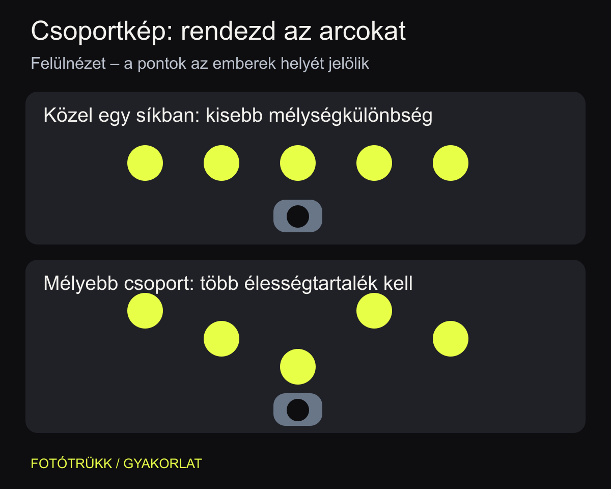Felülnézet: kevesebb eltérés a géptől mért távolságban könnyebbé teszi az arcok együttes éles megjelenítését.