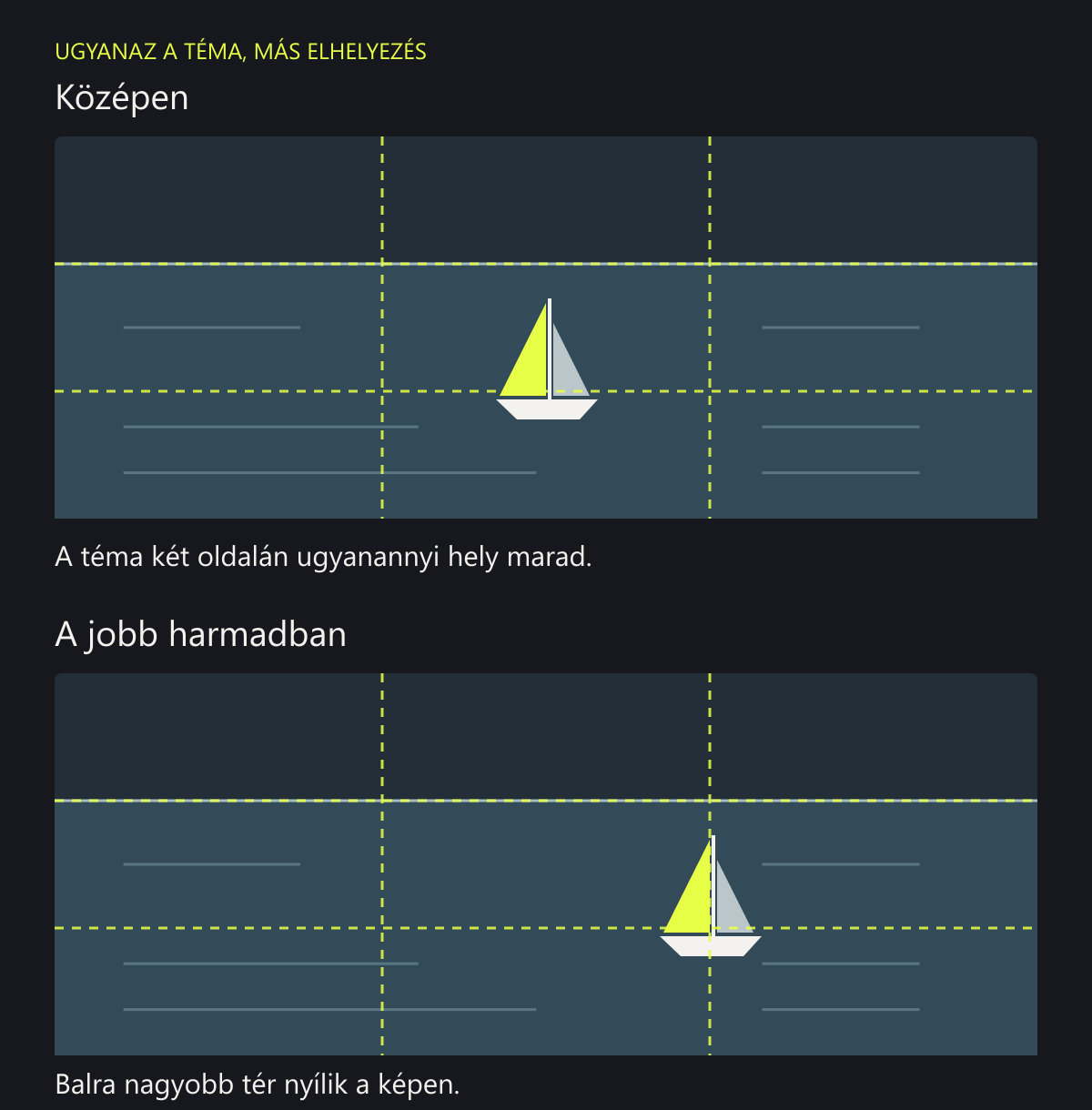Két egymás alatti ábra azonos méretű hajóval: felül középen áll, alul a jobb harmadban. A horizont mindkét képen azonos magasságban van.