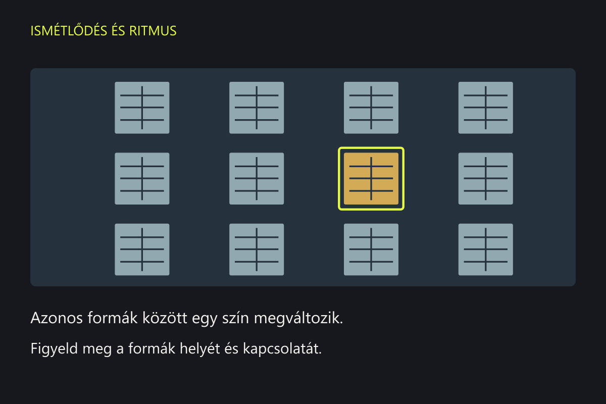 Tizenkét ablak négy oszlopban és három sorban. Az egyik változaton a második sor harmadik ablaka sárgás, a másikon minden ablak szürkéskék.