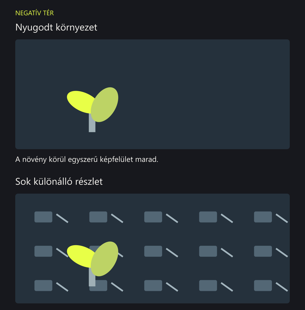 Azonos helyű és méretű növény egyszerű sötét háttér előtt, majd sok téglalappal és vonallal kitöltött háttér előtt.