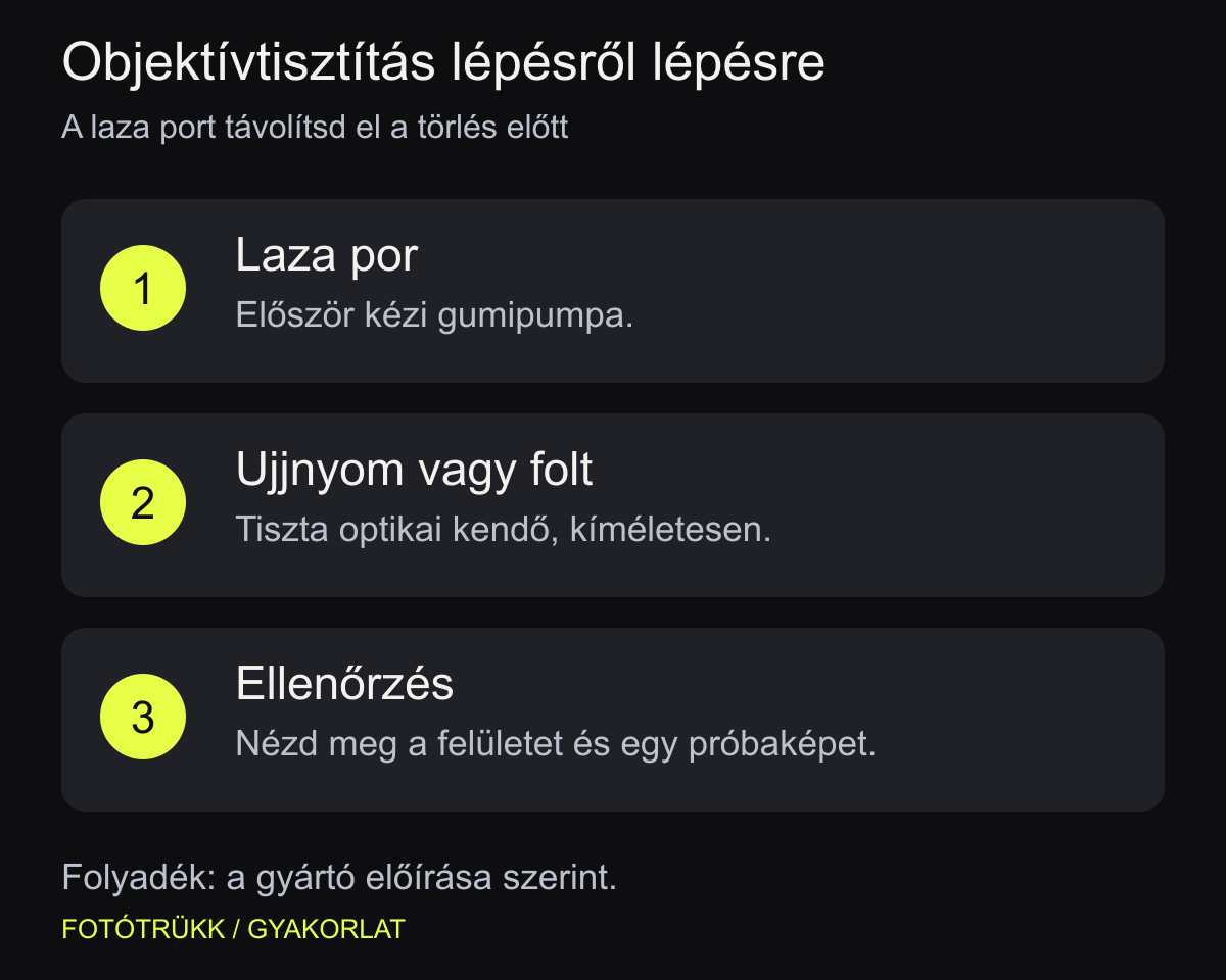 Először a laza port távolítsd el. Kendőt csak utána, szükség esetén használj; folyadéknál az objektív előírása dönt.