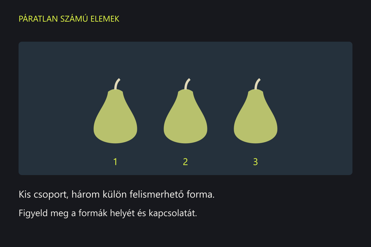 Három különálló körte egy csoportban, alatta két hasonló méretű körte. A rajz a három- és kételemű elrendezést hasonlítja össze.