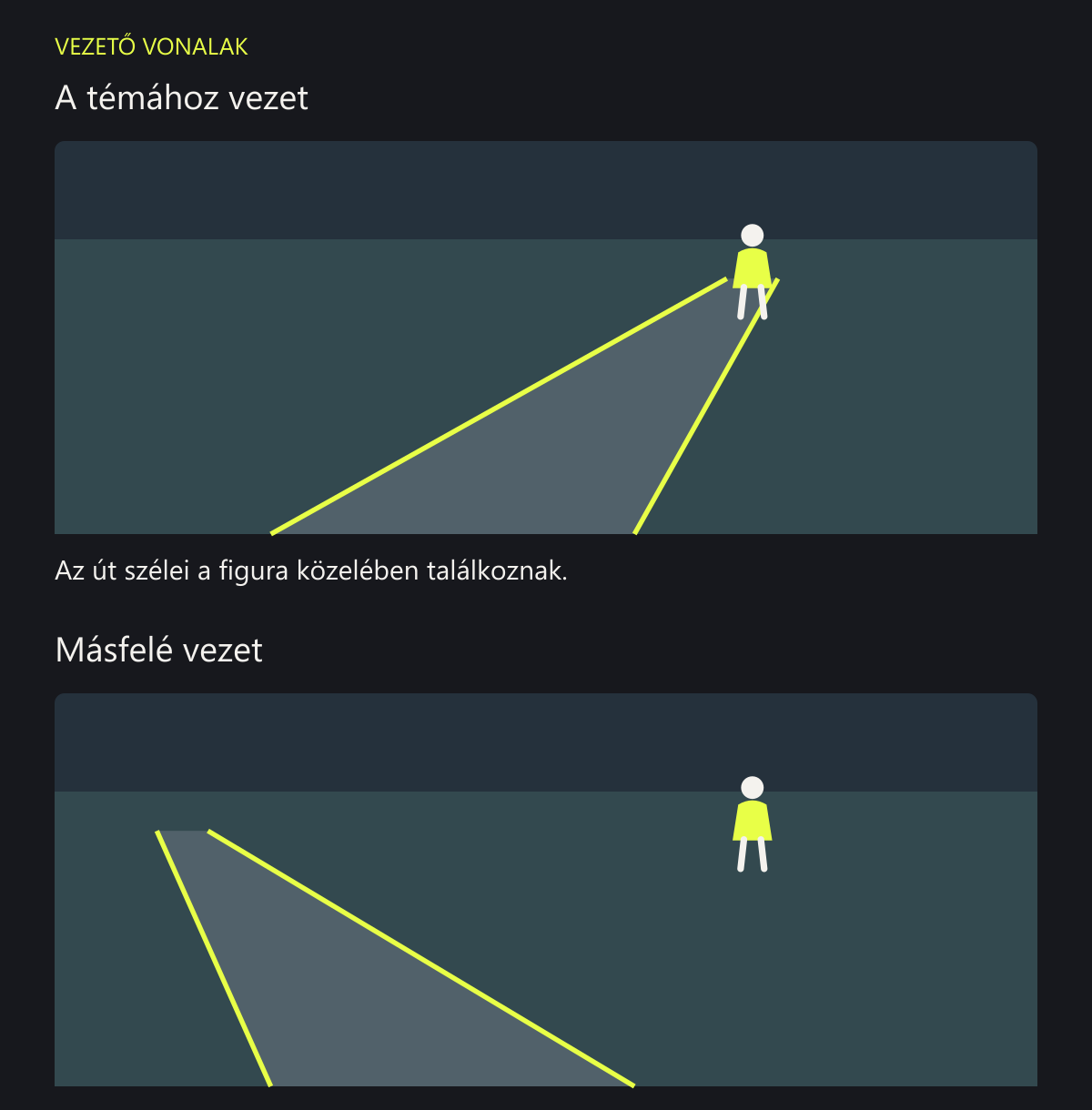 Két útvonal összehasonlítása: az első út szélei a távoli figurához tartanak, a második út balra vezet, a figurától távol.
